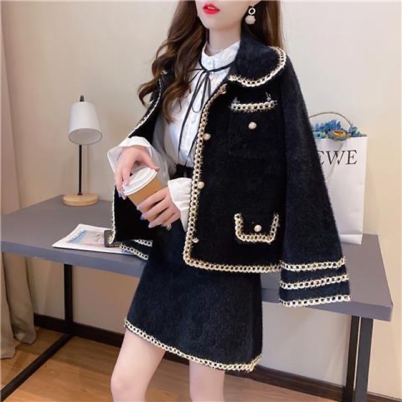 Set áo khoác + chân váy vải dạ bông sang chảnh viền ulzzang