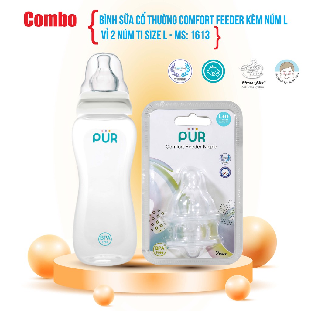 Combo bình sữa cổ thường Pur Comfort Feeder 250ml kèm núm + vỉ 2 núm 1613 size L