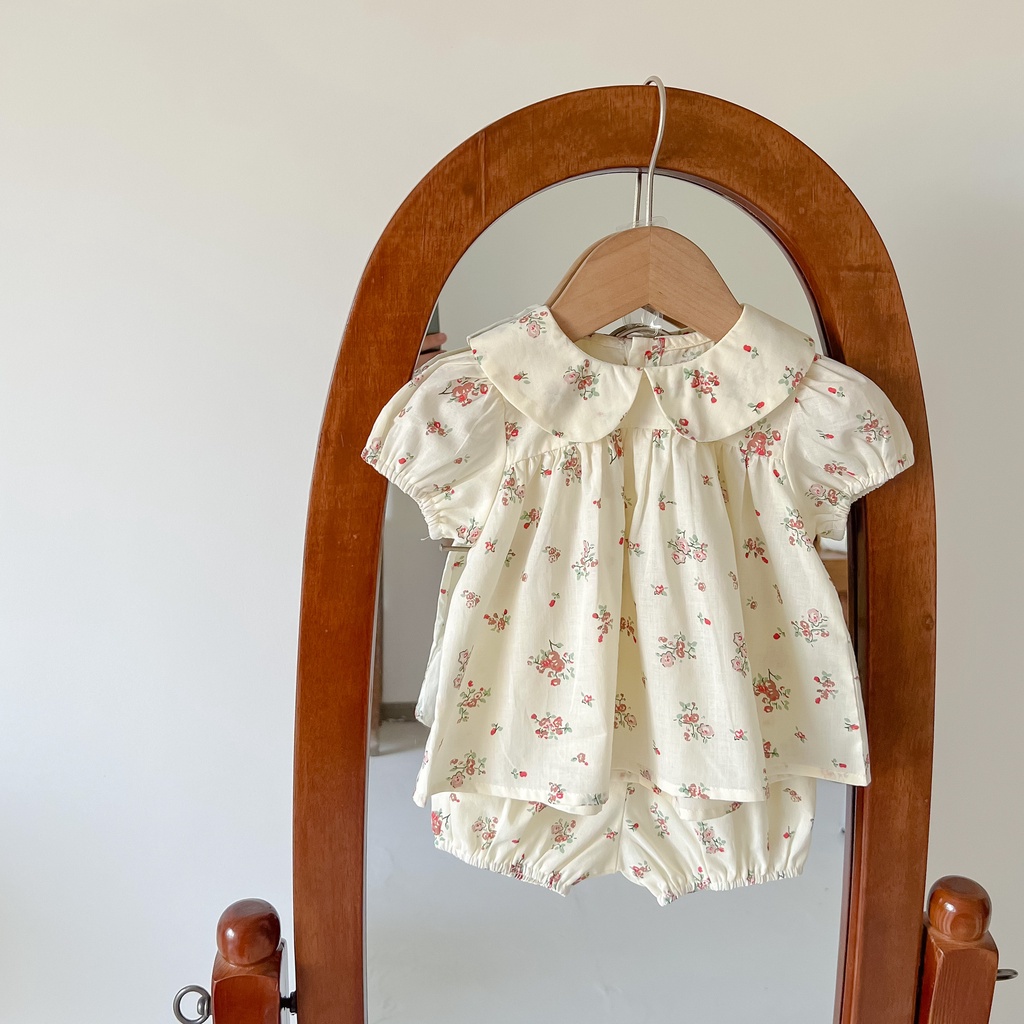 Bộ Áo Tay Ngắn Cổ Búp Bê + Quần In Hoa Dễ Thương Thời Trang Mùa Hè Cho Bé Gái