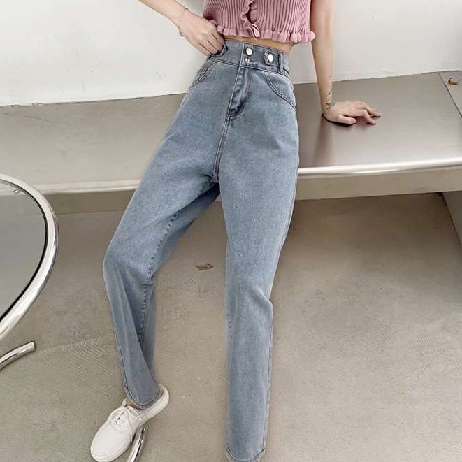 Korean style high waist jeans for students women slim fit slimming versatile Daddy ankle-length pants little Daisy butto