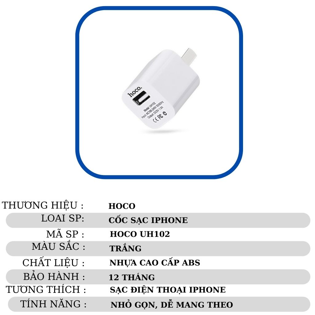 Củ sạc hoco cục sạc iphone 1 cổng cốc sạc chính hãng bảo hành 12 tháng Hoco UH102