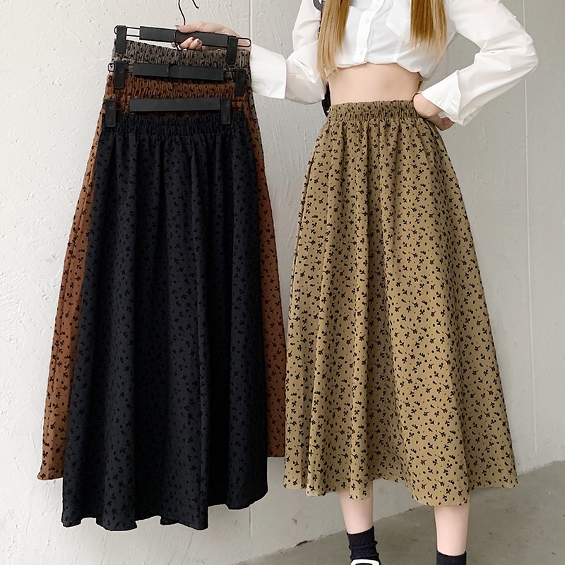 SUXI Chân Váy Dài Chữ A Lưng Cao Họa Tiết Hoa Vintage Thời Trang Mùa Thu Cho Nữ