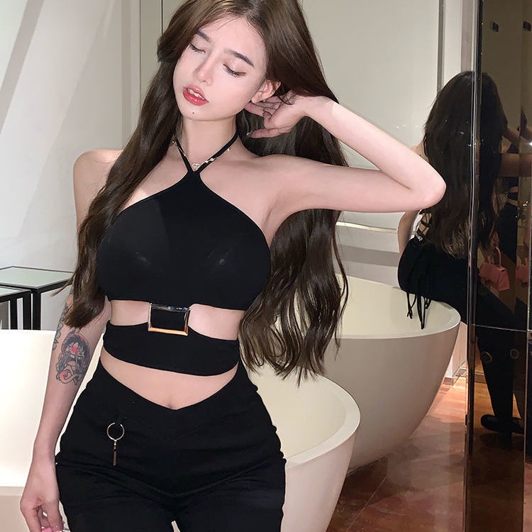 Jiashucheng Áo Crop Top Hai Dây Dáng Ngắn Phối Khóa Kim Loại Lưng Cao Gợi Cảm Cho Nữ