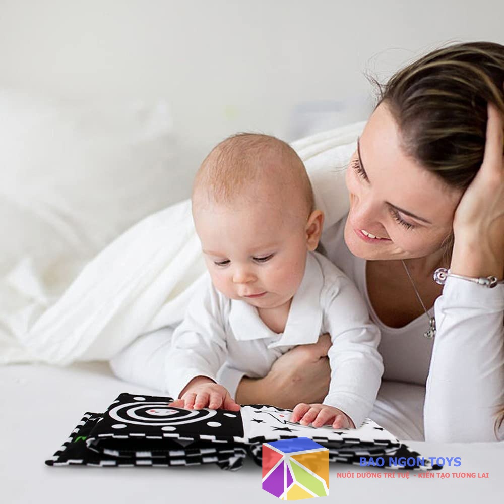 SÁCH VẢI KIÊM QUÂY CŨI 2 TRONG 1 GIÚP KÍCH THÍCH THỊ GIÁC CHO BÉ SƠ SINH TỪ 0 THÁNG - BAO NGON TOYS - SV76