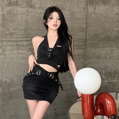 Bộ Áo Denim Ngắn Dáng Ôm Co Giãn + Chân Váy Denim Lưng Cao Phong Cách Hàn Quốc Thời Trang Mùa Hè Mới Cho Nữ
