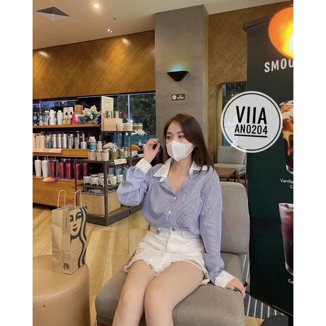 Sơ mi Kẻ xanh dài tay phối trắng AN0204 VIIA DESIGN