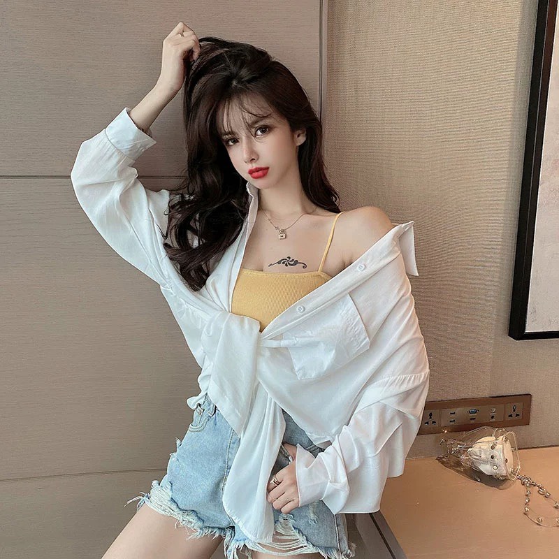 Áo Sơ Mi Nữ From Rộng CHIPY Chất Đũi Kiểu Công Sở Dài Tay Phồng 2 Túi Dáng Dài Hàn Quốc Vải Lụa Màu Trắng Cổ Đức Vintage | BigBuy360 - bigbuy360.vn