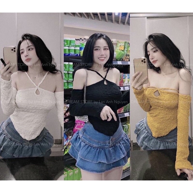 Áo kiểu bẹt vai phối dây chất vải xốp quảng châu, free size dưới 55kg tuỳ chiều cao.
