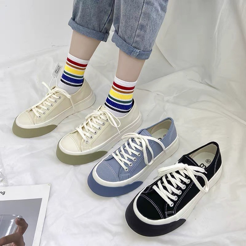 Giày nữ đế bằng bánh mì basic độn đế 4cm vải canvas bata mới hot phong cách retro ulzzang đẹp cá tính, Sneaker nữ 2021