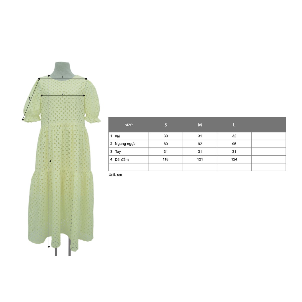 Đầm ren đục lỗ tay bồng E.studio tone màu mùa hè, form rộng thoái mái