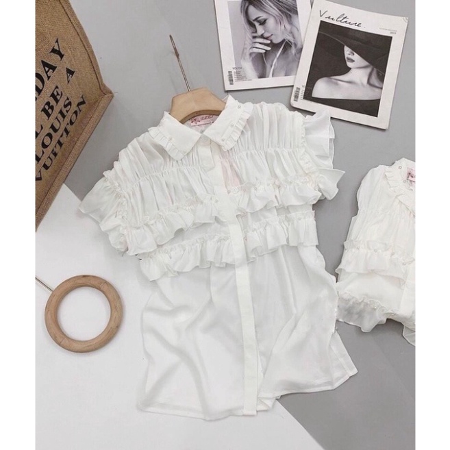 Áo sơ mi bèo tầng cổ đức đính ngọc cộc tay nội y xanh chất đẹp giá tốt