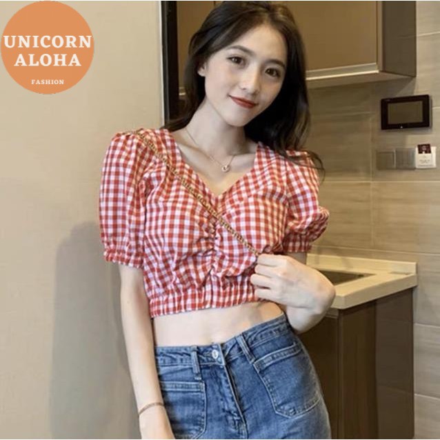 Áo Croptop Caro Cổ Tim Nhún Ngực Tay Phồng Bo Eo Nữ Màu Xanh/Đen/Vàng/Hồng Đỏ DRACR09 Mys Aloha Kill System | BigBuy360 - bigbuy360.vn