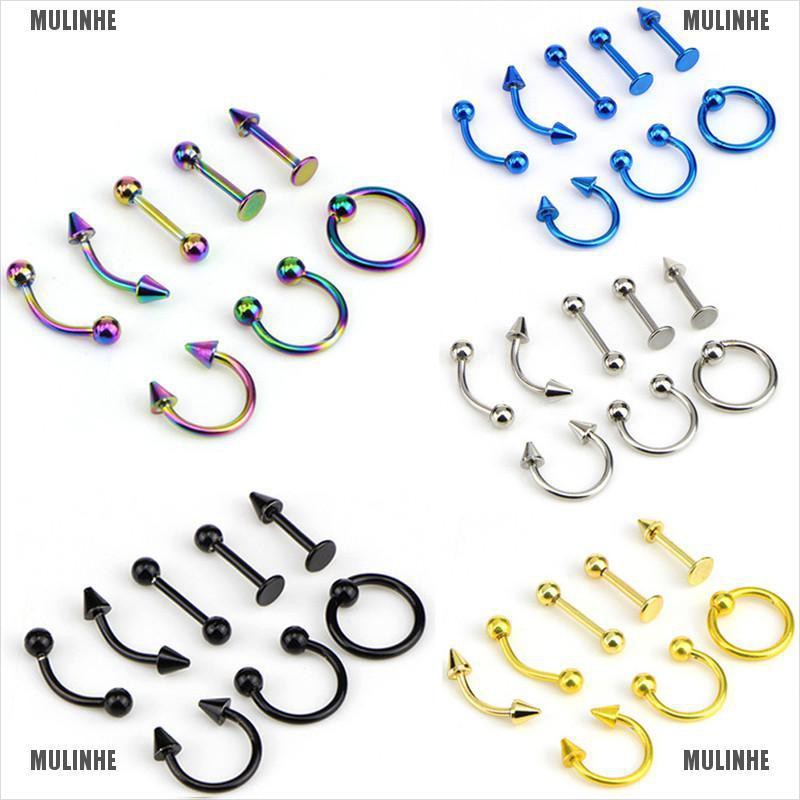 Set 8 Khuyên Đeo Mũi / Chân Mày / Tai / Mũi Bằng Thép Không Gỉ 16G
