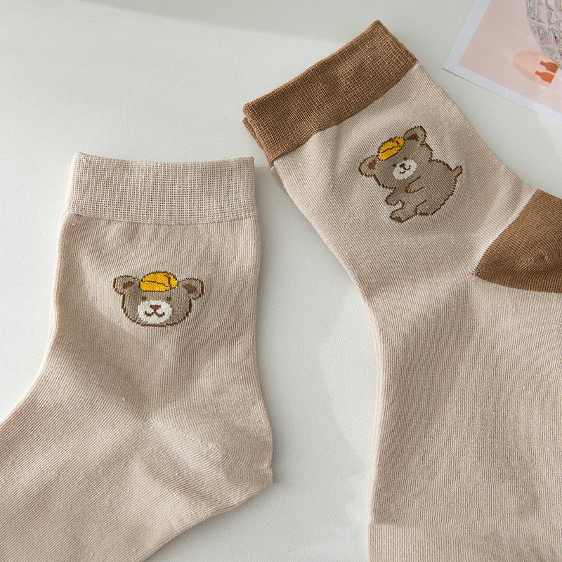 Tất cao cổ in hình gấu nâu cute nữ Vemico vớ cotton co dãn phong cách Hàn Quốc TN139