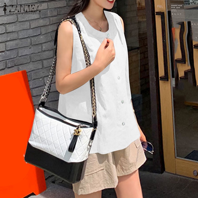 Áo kiểu ZANZEA cộc tay cổ tròn dáng suông cài nút phía trước cho nữ