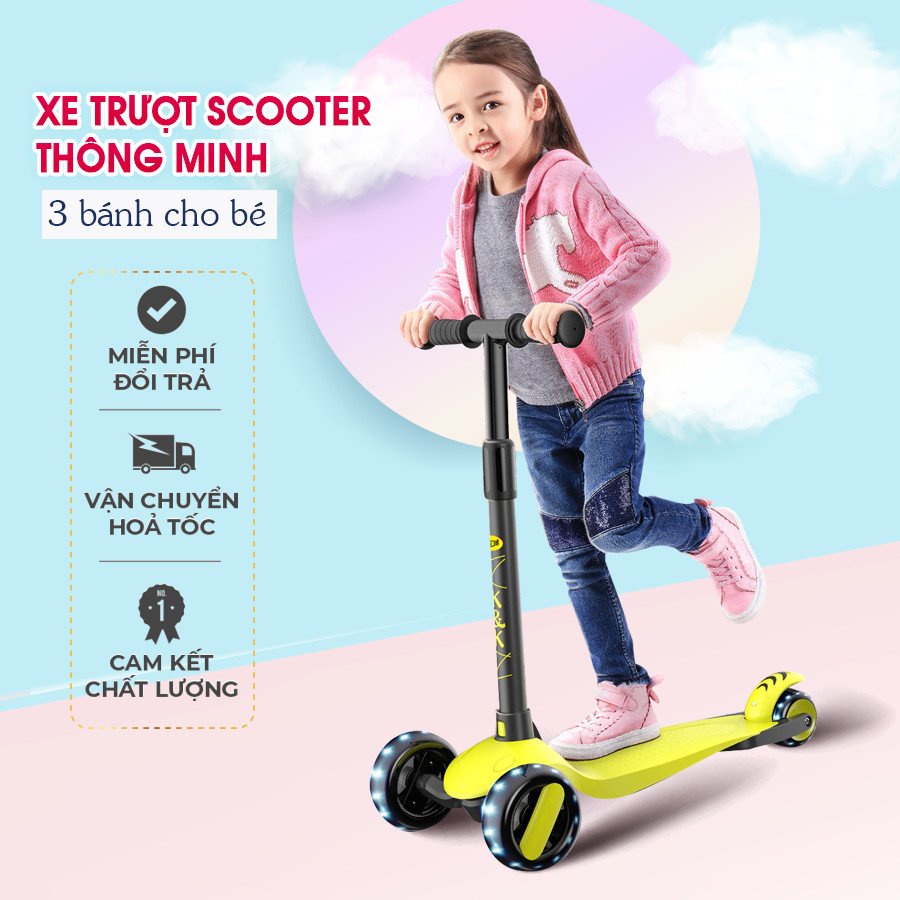 Xe scooter cho bé bánh phát sáng, chất liệu an toàn chống trơn trượt, bảo hành 3 tháng