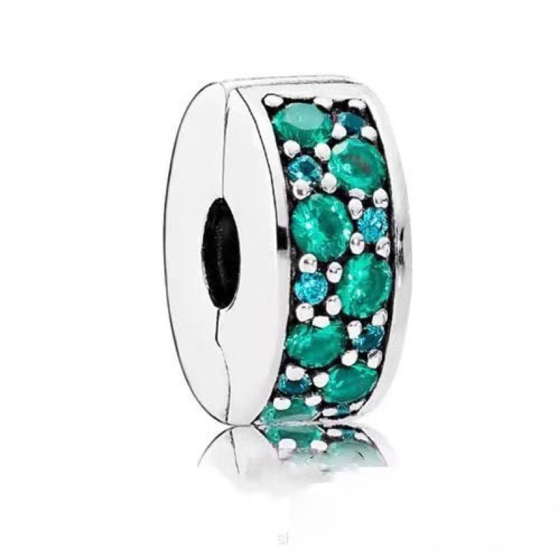 charm pan khoá chặn clip đính đá xanh bạc s925 cao cấp