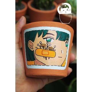 Chậu đất nung ly nhỏ vẽ cô gái áo vàng | chậu trồng cây, sen đá, xương rồng