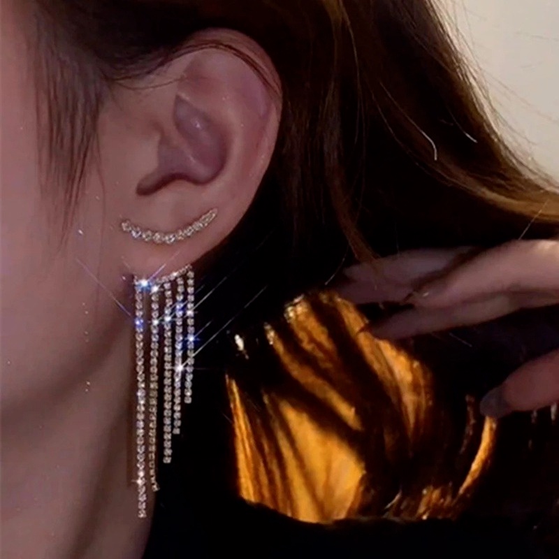 Khuyên Tai Chuỗi Tua Rua Dài Đính Đá Pha Lê