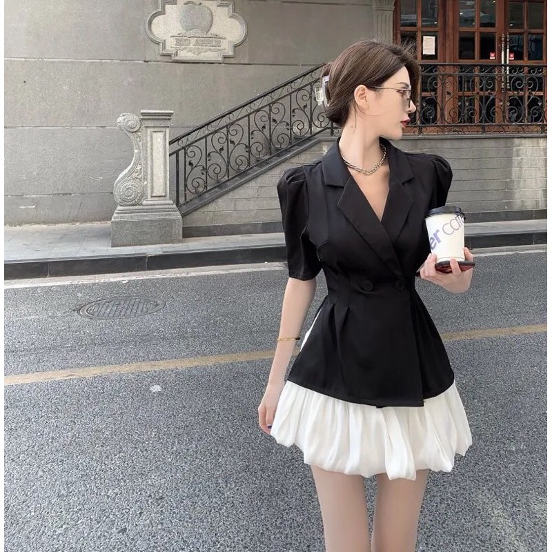 Áo kiểu vest tay bồng kết hợp chân váy voan LeLa LDT09 màu đen trắng