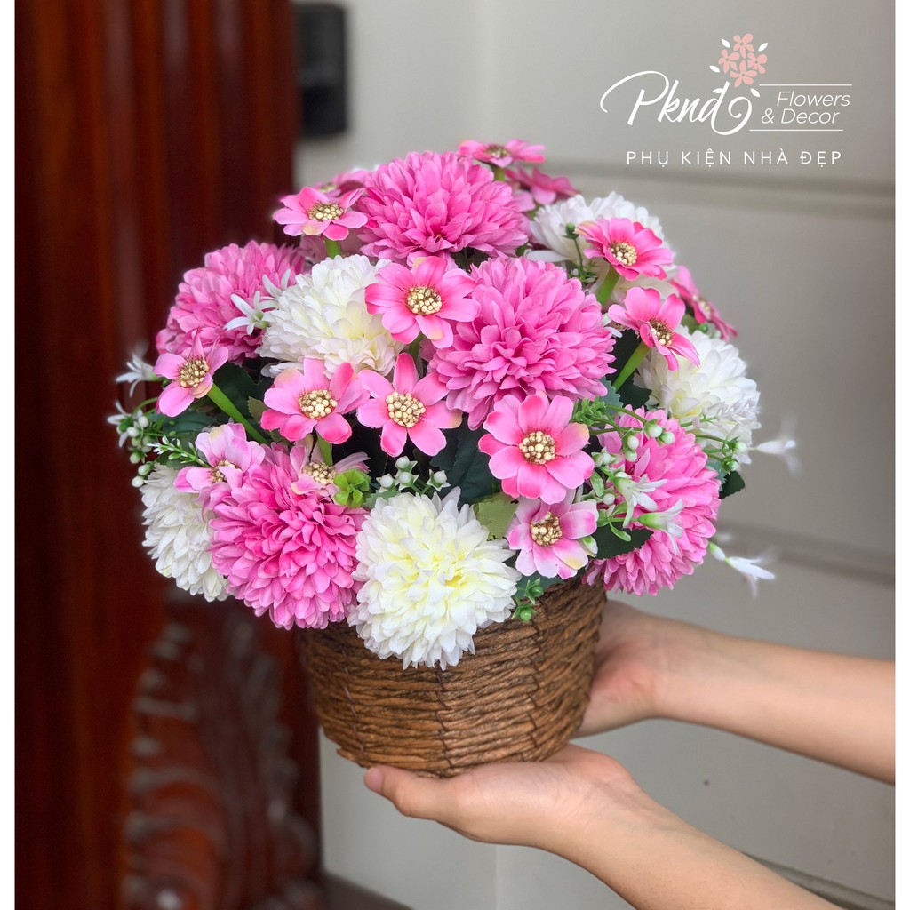 Giỏ Hoa Cúc Ping Pong Chất Lụa Nhiều màu - Trang trí kệ tivi,kệ trưng bày phòng khách PKND FLOWERS &amp; DECOR