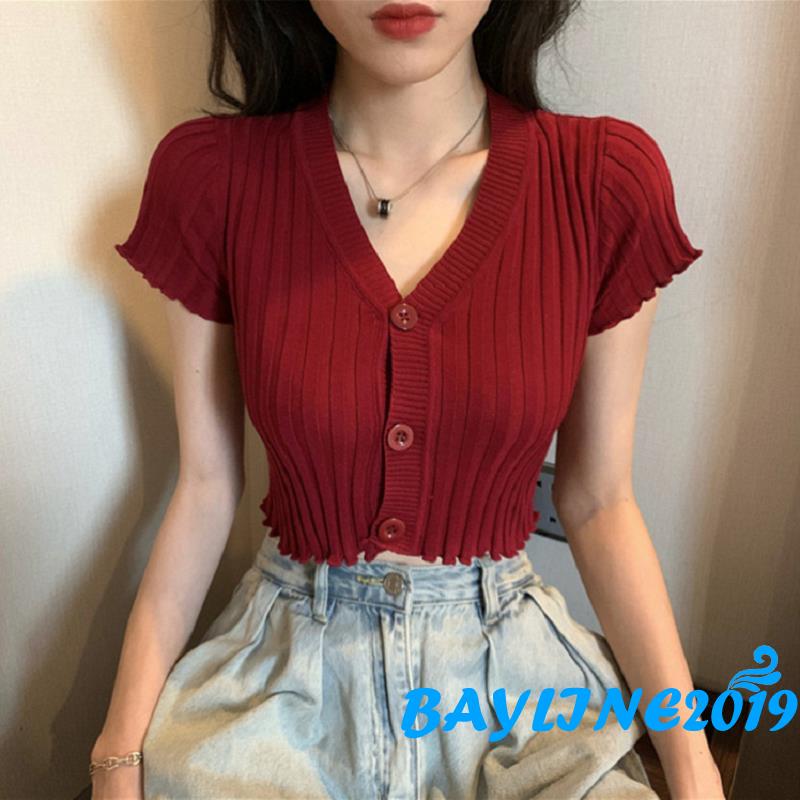 Áo Thun Nữ Ngắn Tay Cổ Chữ V Màu Trơn Kiểu Dáng Thời Trang