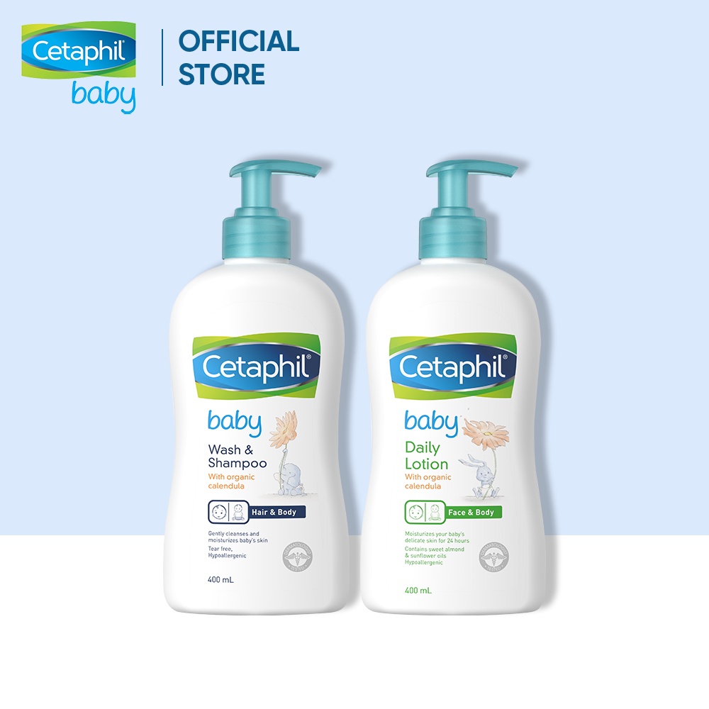 Combo Sữa tắm gội Cetaphil Baby W&amp;S with Organic Calendula 400ml + Sữa dưỡng ẩm Cetaphil Baby with Calendula 400ml/chai