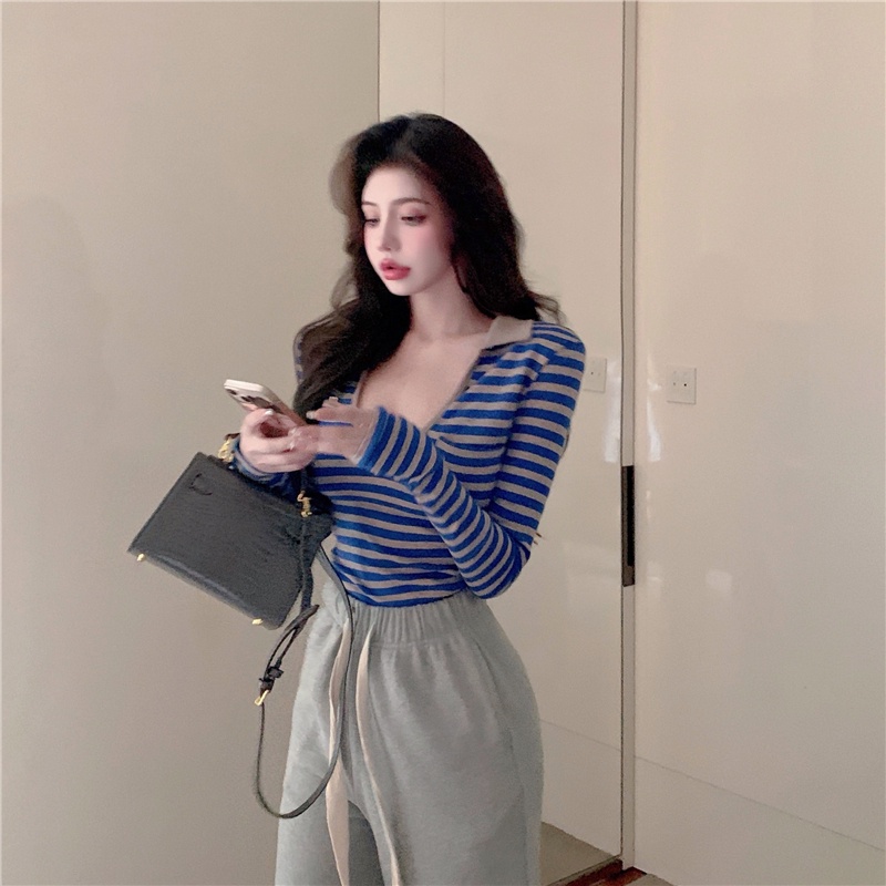 Áo Thun Tay Dài Cổ Chữ V Họa Tiết Kẻ Sọc Phong Cách Retro Thời Trang Mùa Đông