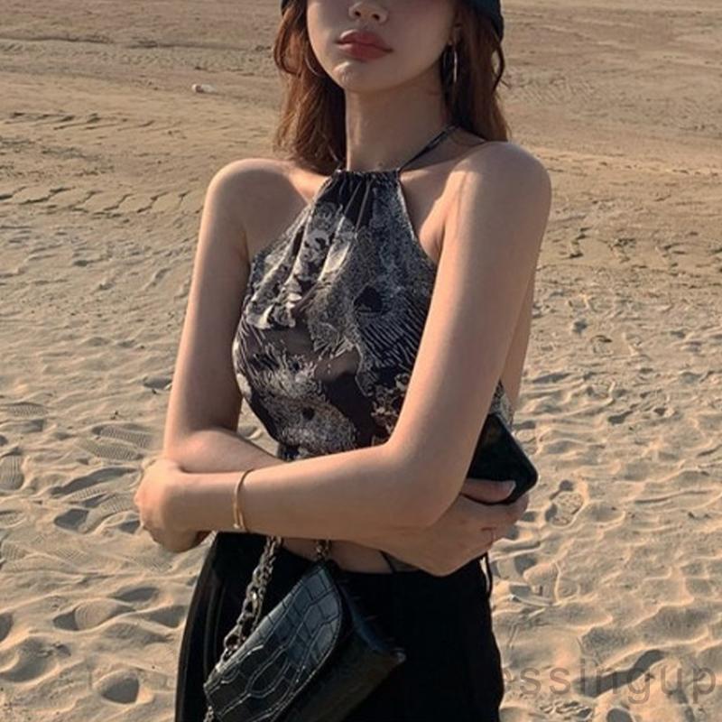 DRE-Women´s Summer Sleeveless Vest, Pattern Printed Hanging Neck Tank Tops