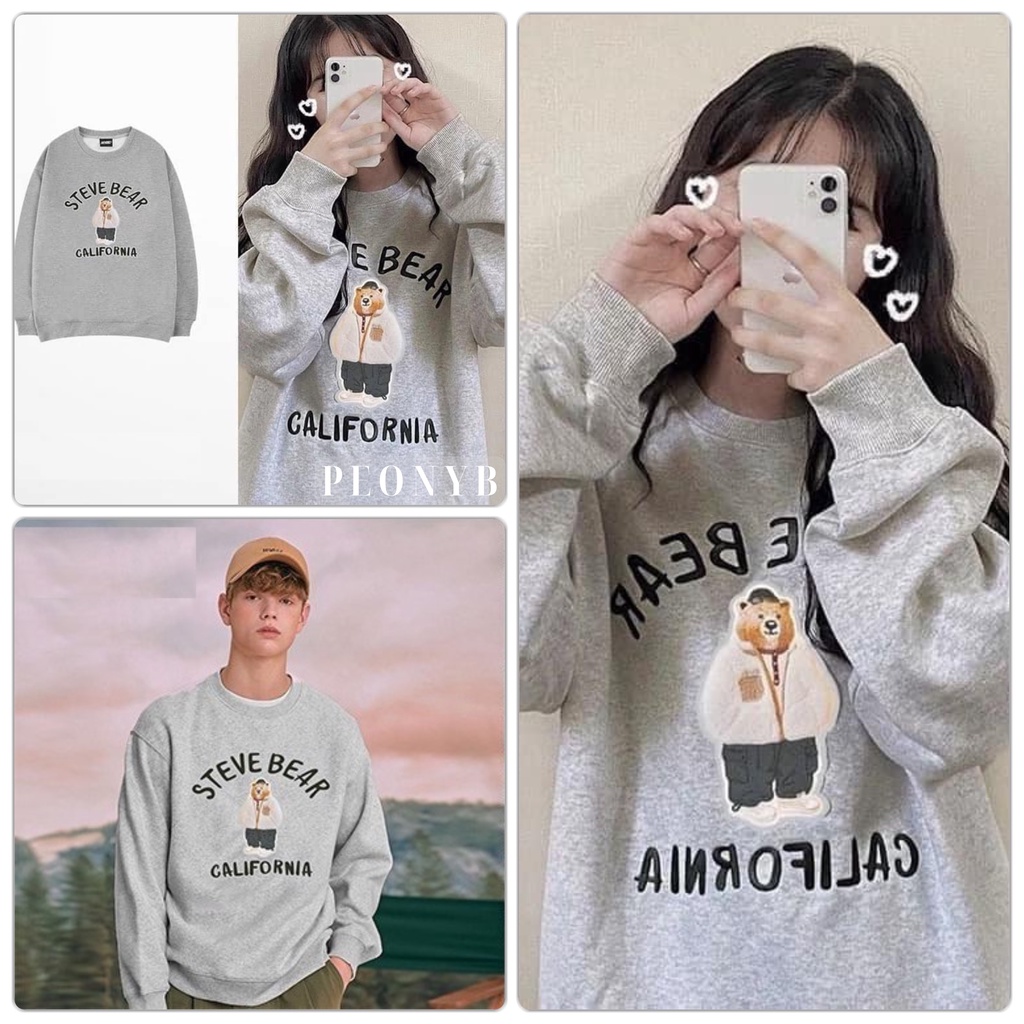 Áo Sweater Nỉ Ngoại Steve Bear Xám PEONYB Unisex  Thun kiểu form rộng tay bồng kiểu dáng dễ thương hàn quốc