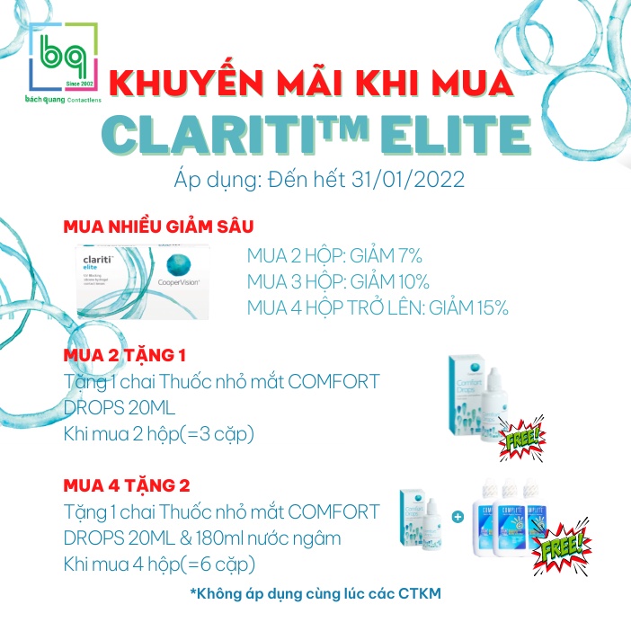 Kính áp tròng cận trong suốt 1 tháng Silicone Hydrogel Clariti Elite (CooperVison-Mỹ)