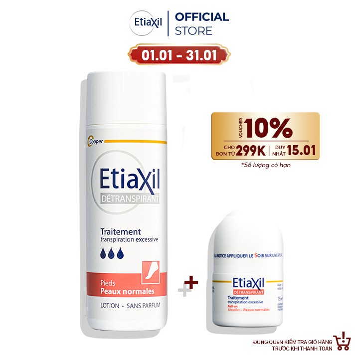 Combo Lăn khử mùi và điều tiết mồ hôi Etiaxil  Da Thường 15ML và Lotion Khử Mồ Hôi Chân Etiaxil Da Thường 100ML