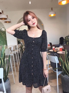 Đầm váy bi đen cổ vuông (kèm hình thật)