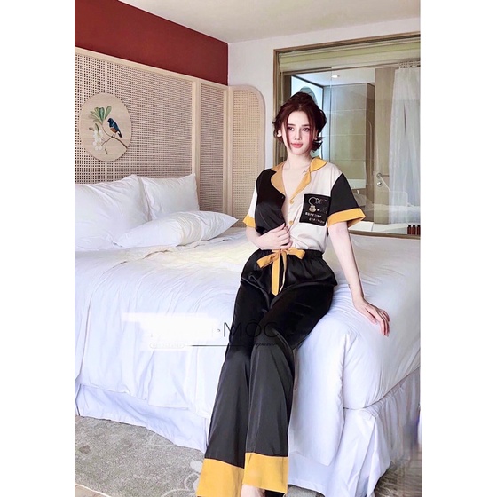 Bộ ngủ pijama nữ Bigsize lụa satin Mickeyy phối đen vàng độc đáo sang chảnh