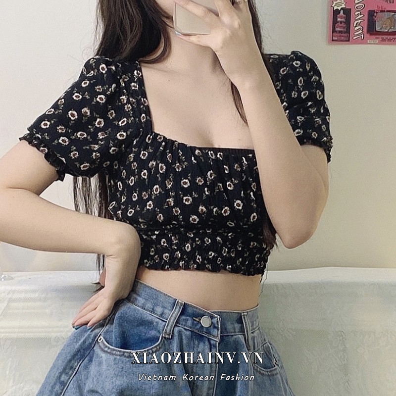 Xiaozhainv Áo Kiểu Tay Ngắn Cổ Vuông Họa Tiết Hoa Xinh Xắn Phong Cách Retro Hàn Quốc