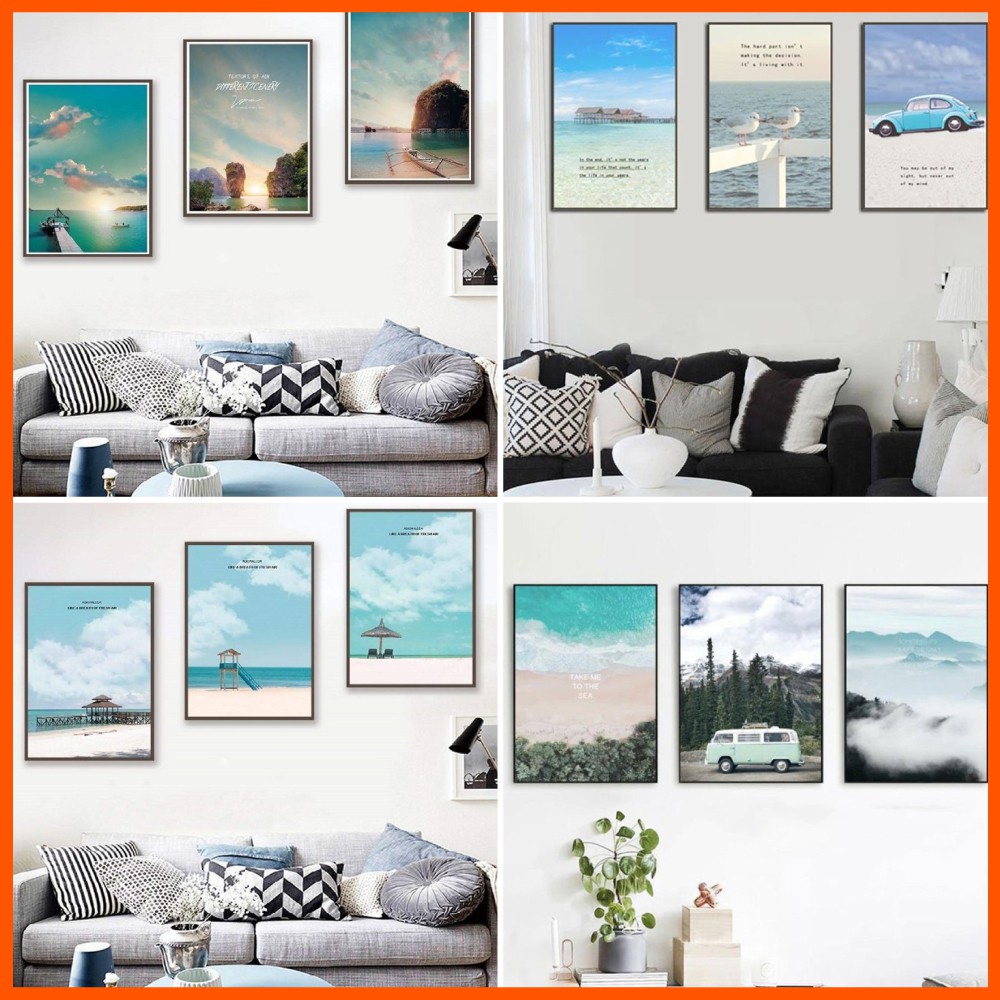 Bộ 3 tranh canvas biển xanh - Tranh treo tường phong cảnh thiên nhiên tặng kèm đinh 3 chân treo tranh tranh