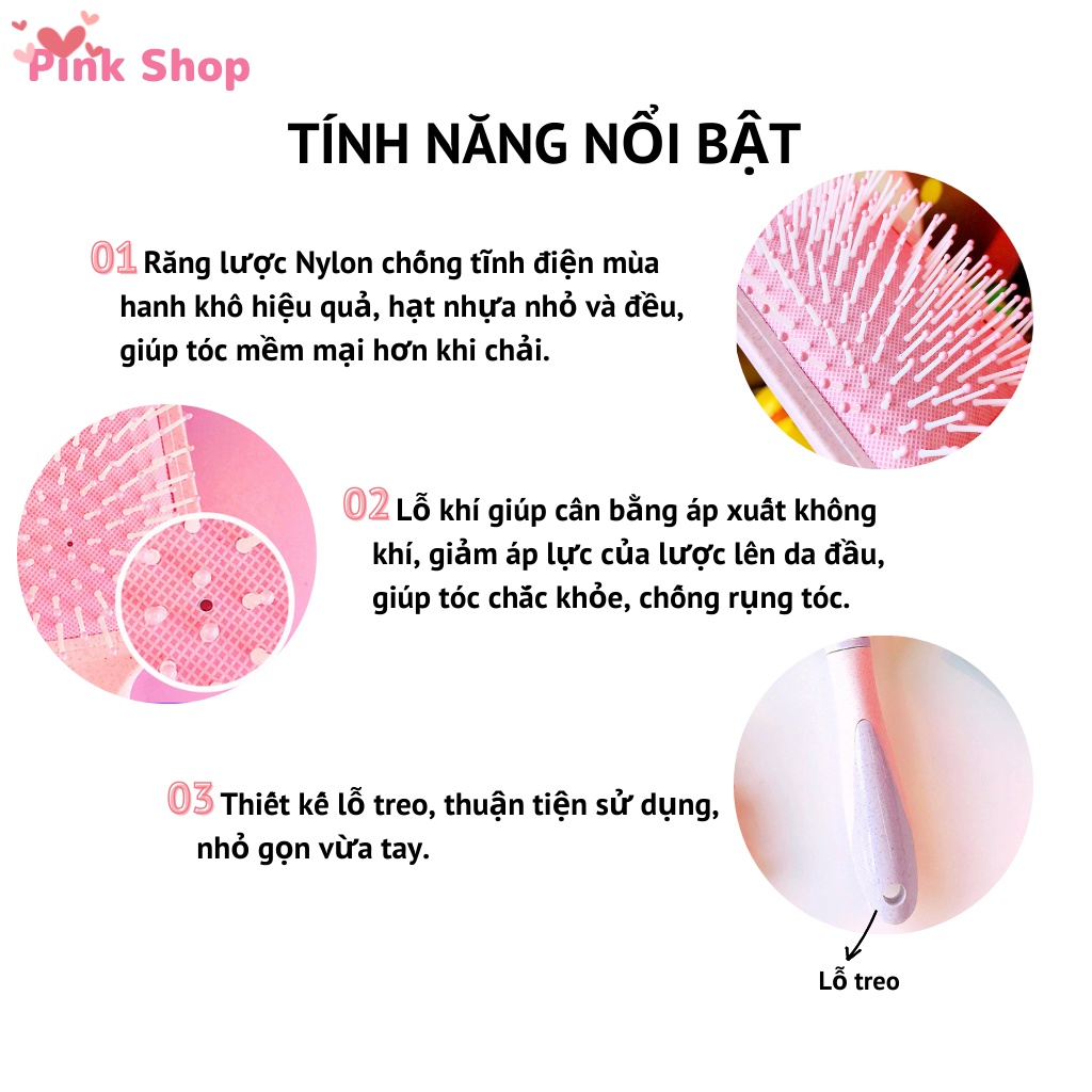 Lược massage có đệm khí đàn hồi tốt cho tóc và da đầu, Lược chải tóc nhựa lúa mạch cầm vừa tay dễ thương Pinkshop