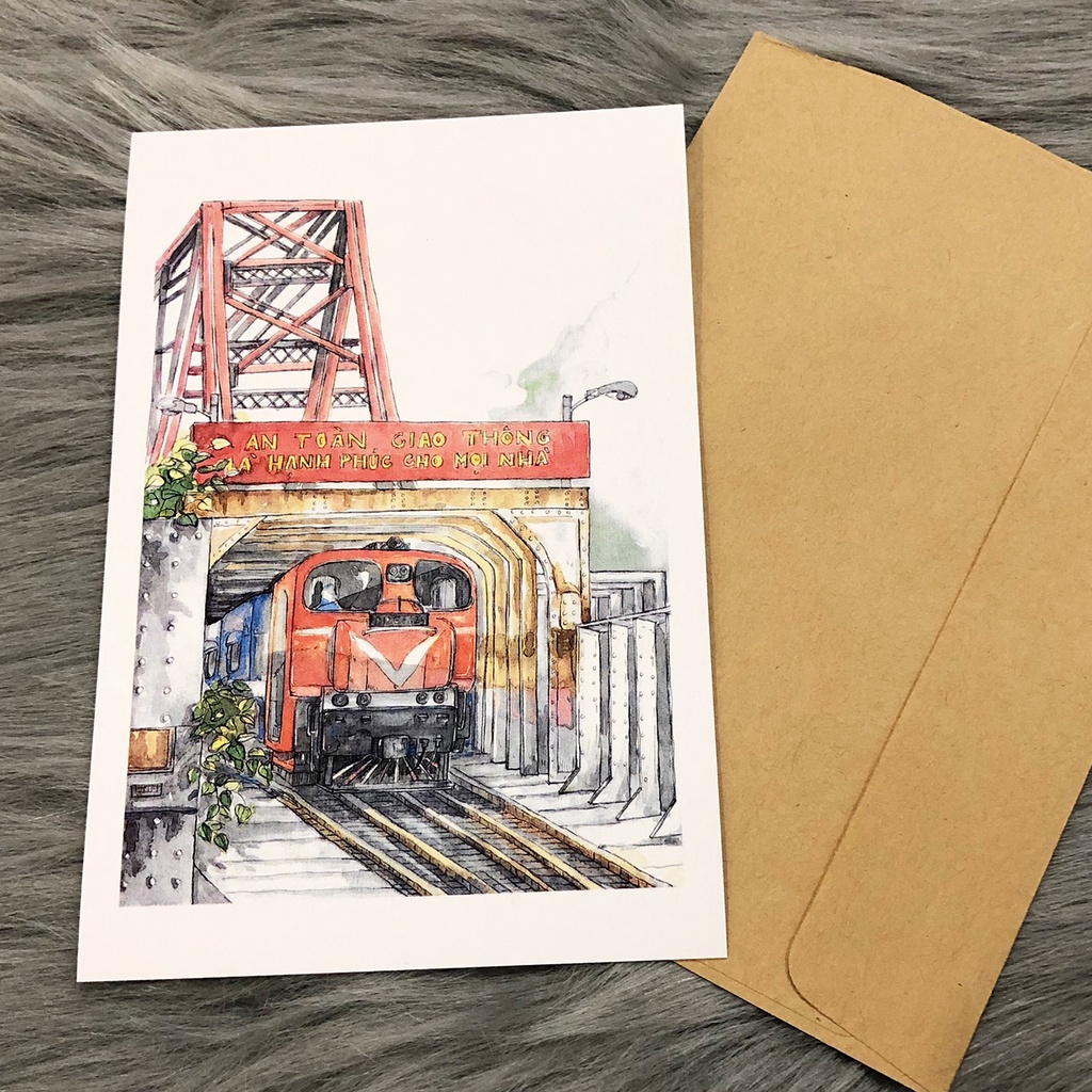 Postcard, Thiệp chúc mừng, Tranh trang trí BST Hà Nội, Phố cổ Hà Nội 10CMx15CM kèm bao thư Kraft