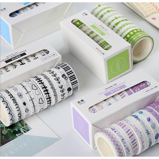 Hộp 10 cuộn Washi Tape Băng keo dán họa tiết cao cấp DIY trang trí sổ, chia dòng 8mmx3m- Văn Phòng Phẩm Sáng Tạo