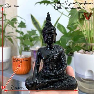 Tượng đá trang trí Tượng Phật Thái Thủ Ấn - Xúc Địa Ấn - Chiều cao 12cm - Màu đen