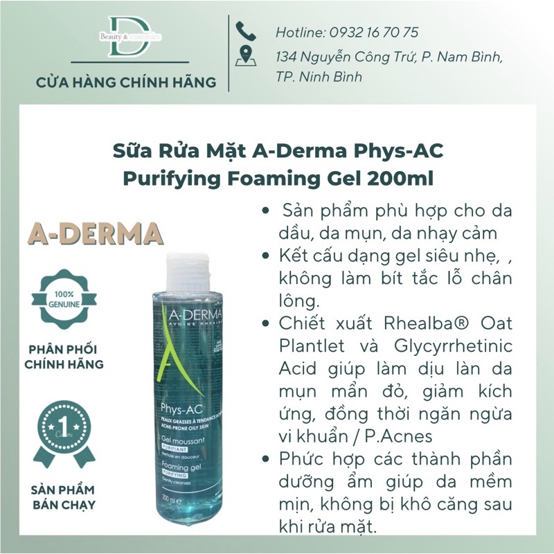 Sữa rửa mặt Aderma Phys-AC Gel dành cho da dầu, mụn, nhạy cảm 200ml