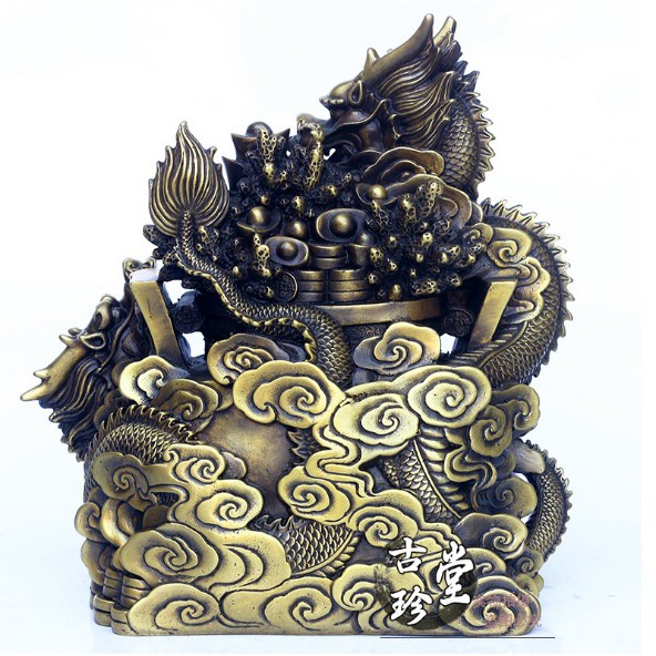 cặp rồng phong thủy tiền vàng phun ngọc bằng đồng thau nguyên chất kích thước 31x28x14cm năng 5kg