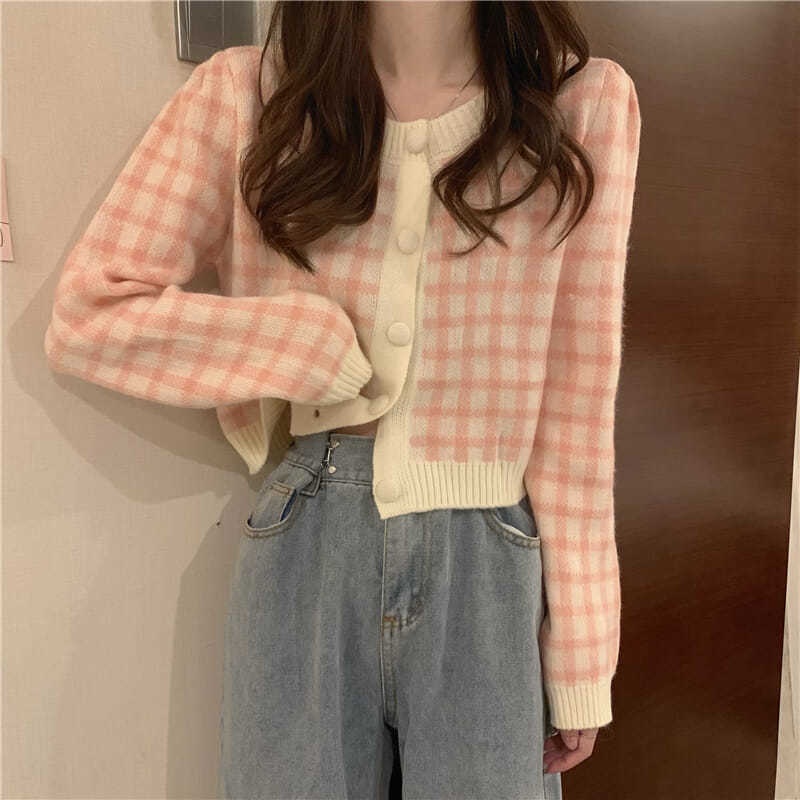 Áo Cardigan Len Tay Dài Dáng Ngắn Họa Tiết Kẻ Sọc Thời Trang Mới Cho Nữ