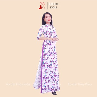 Áo dài in 3D lụa Nhật nền trắng lá tím HN08