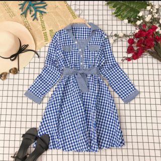 Đầm ca rô vột nơ eo