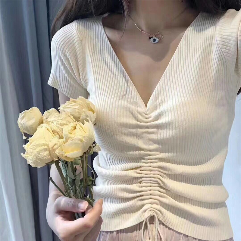 ❤️❤️Áo Croptop Ngắn Tay Trơn Màu Với Thiết Kế Cổ Chữ V Xinh Xắn Dành Cho Nữ 2021