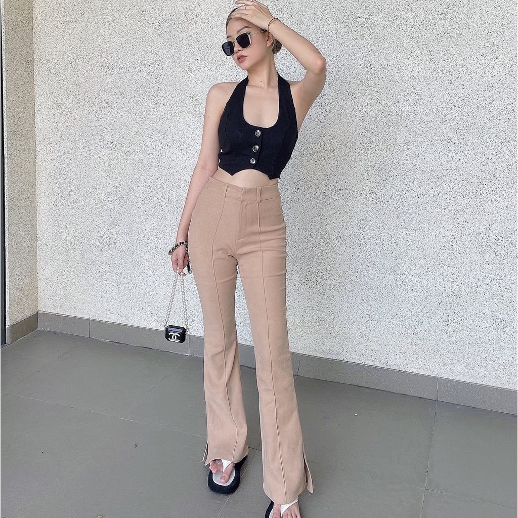 Quần kaki nữ ống loe TOPTIFY viền ly xẻ tà Khaki Flared Pants VQ03