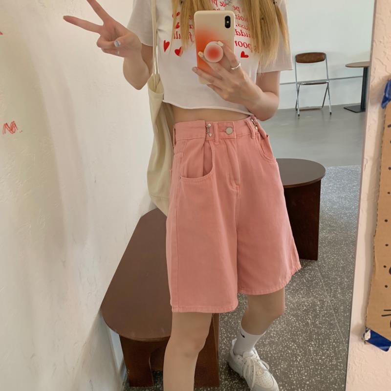 Quần Short Jean Lưng Cao Ống Rộng Màu Hồng Phong Cách Hàn Quốc Thời Trang Mùa Hè Năm 2022 Dễ Phối Đồ Cho Nữ