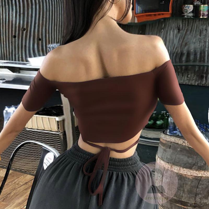 Áo Croptop Tay Ngắn Hở Vai Màu Sắc Trơn Dành Cho Nữ