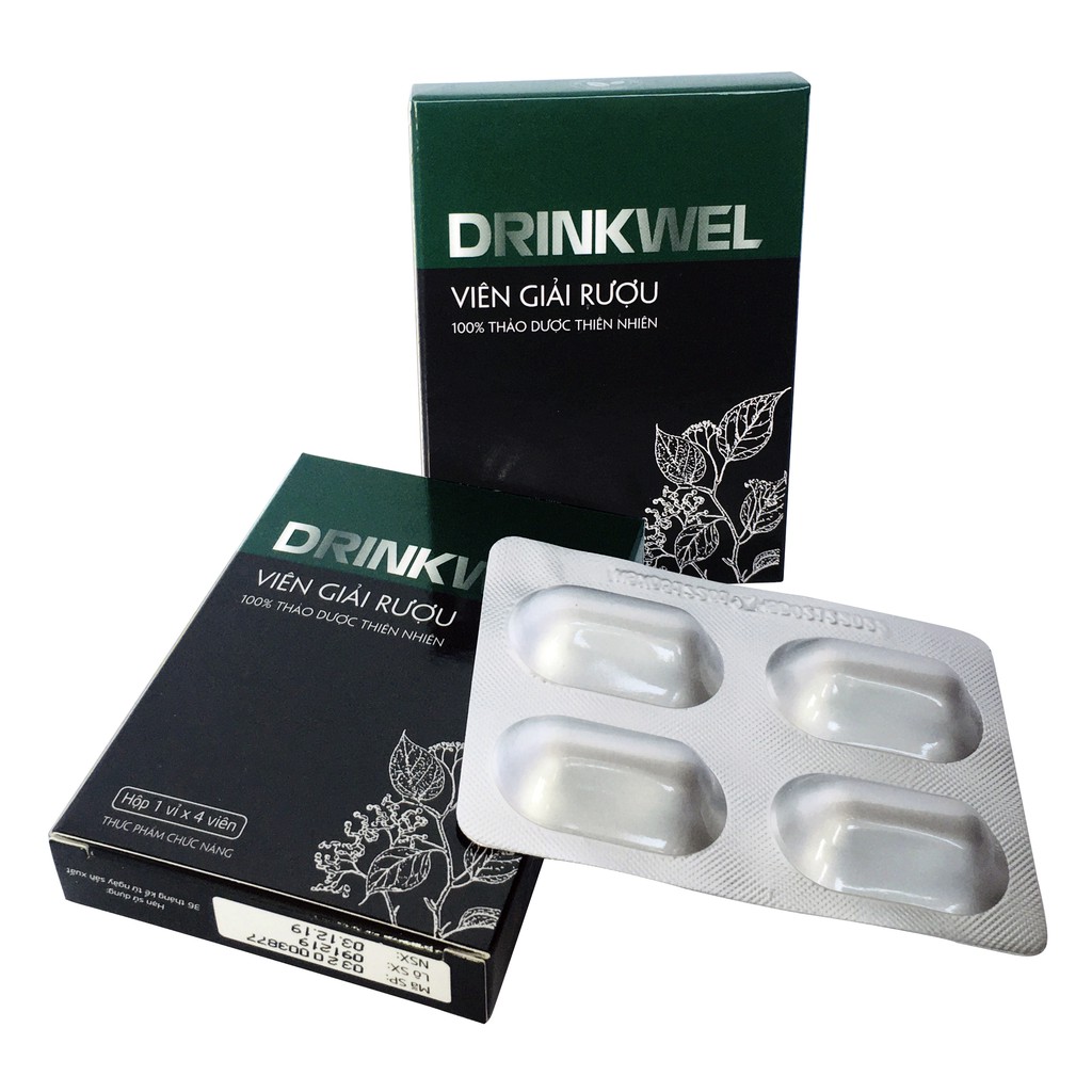[8 hộp] Viên giải rượu, giảm tình trạng khô khát, giảm các triệu chứng khó chịu khi say. Drinkwel, hộp vỉ 4 viên